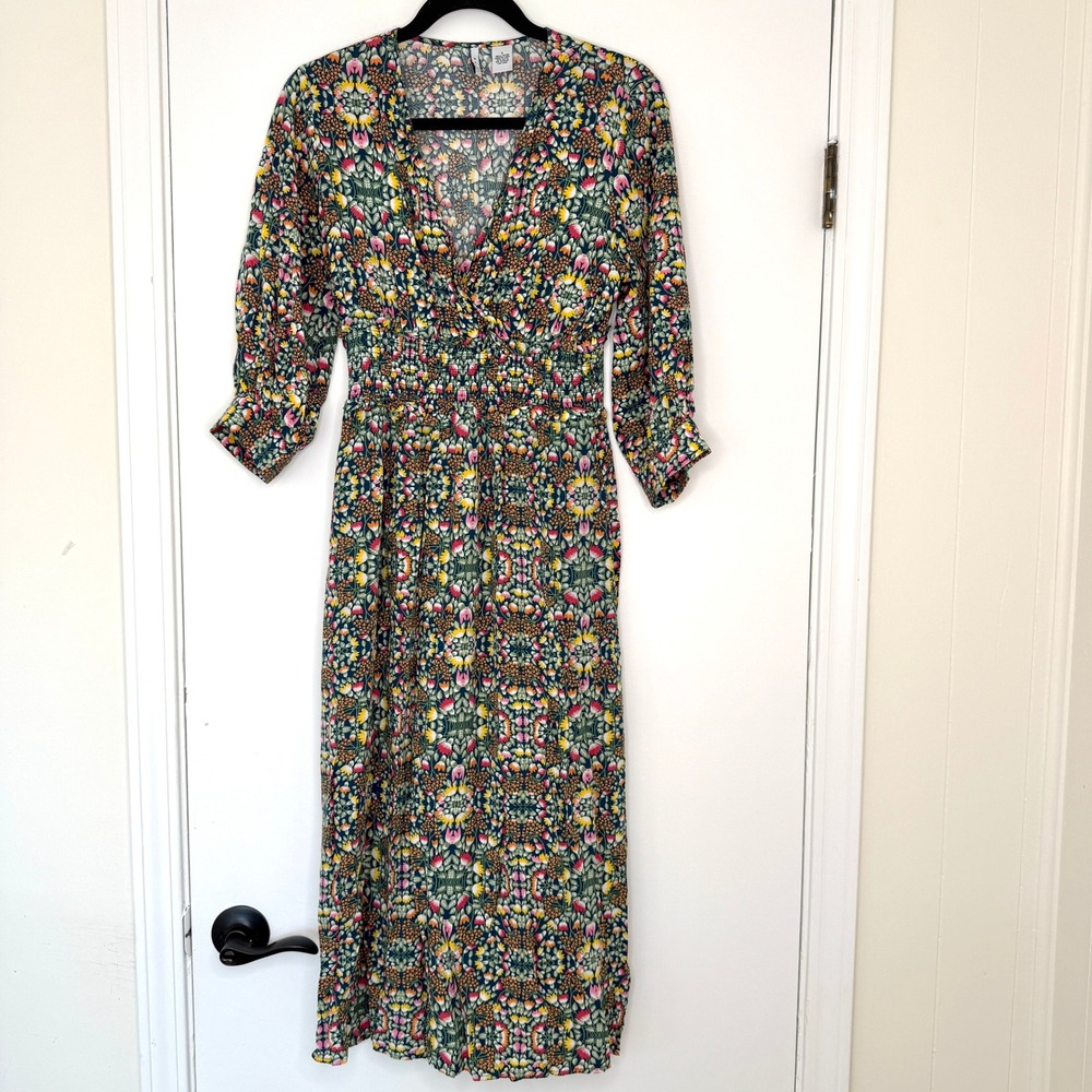 Evie Floral Smocked Waist Midi Dress Womens Small V-Neck 3/4 Sleeve Boho
